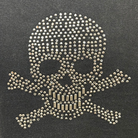 VINTAGE AAA Alstyle Black Rhinestone Skull Crossbone Graphic T-Shirt Y2K Biker L - Picture 4 of 9